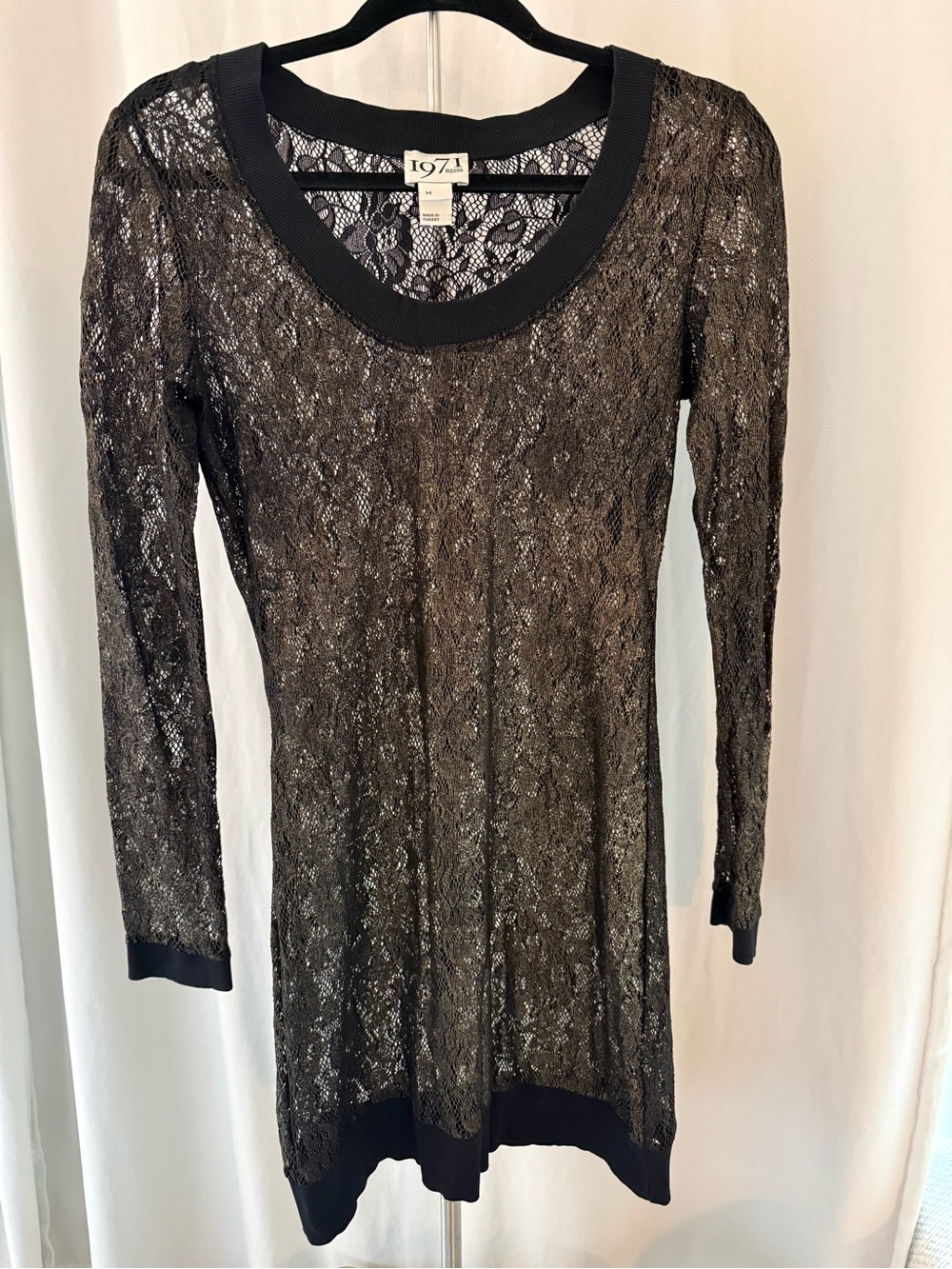 Reiss 1971 Bronze Long Sleeve Lace Dress with Black Cotton Stretch Trim